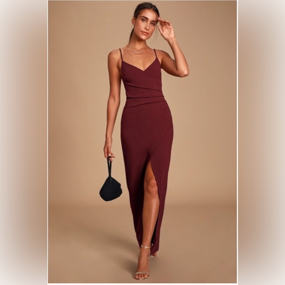 Lulu's Maroon Asymmetrical Ruched Maxi Dress with slit